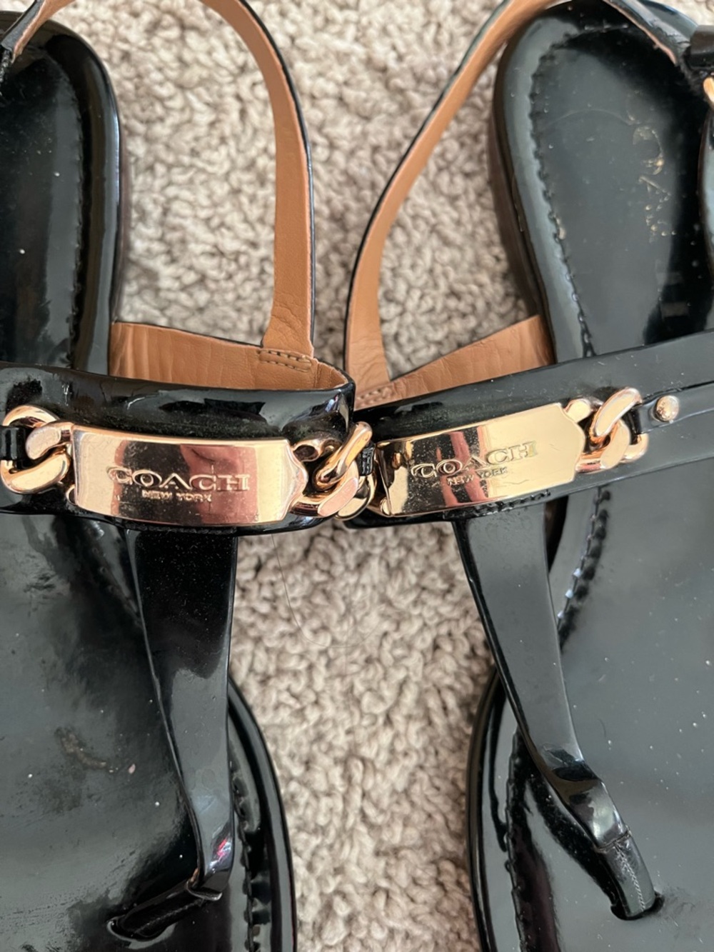 Coach Black Patent Thong Sandals with Gold Hardware - Picture 2 of 5
